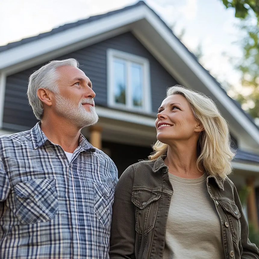 A happy couple inspecting their new roof installation, ensuring peace of mind and checking for proper ventilation.
