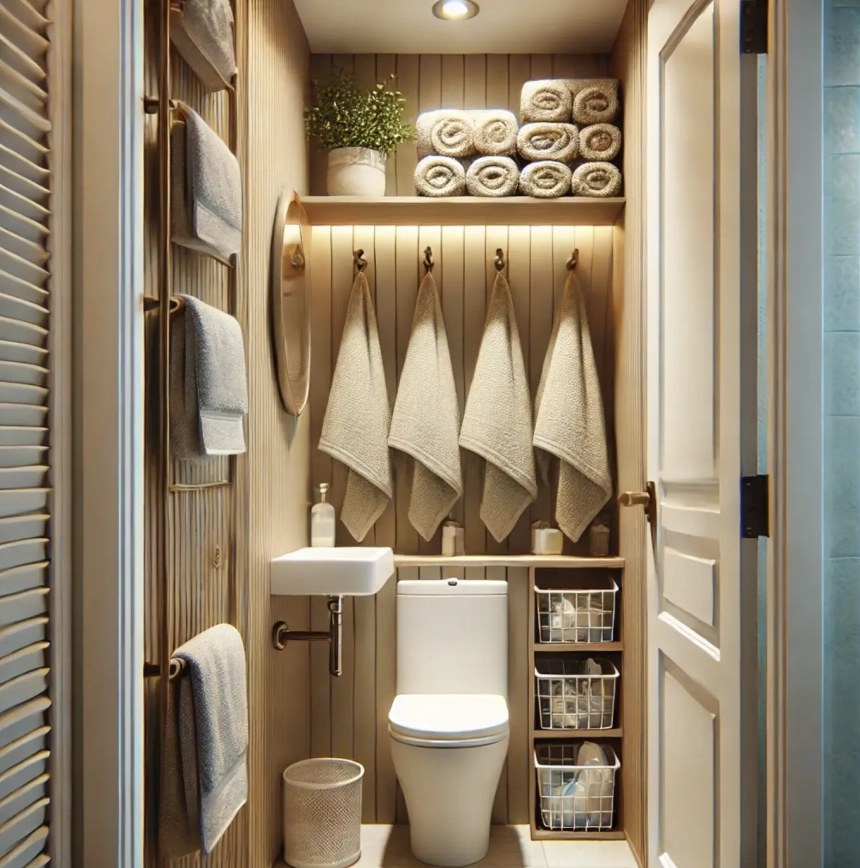 A small bathroom featuring smart placement of towel racks and hooks, with towels hung behind the door to save wall space and keep the bathroom organized.