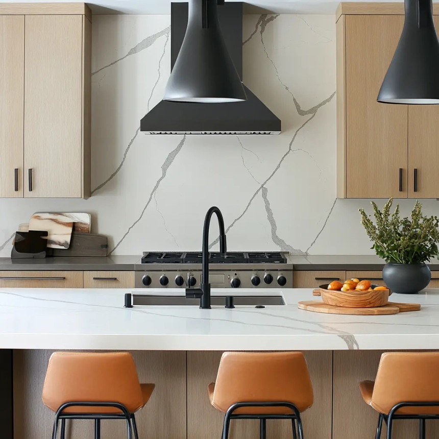 Kitchen with full-height quartz backsplash featuring subtle veining, paired with light wood cabinets and black accents, creating a cohesive look with white quartz countertops.