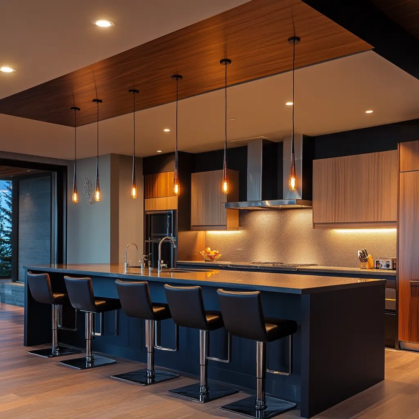 Contemporary kitchen island lighting with clustered pendant lights, perfect for enhancing the modern kitchen aesthetic.