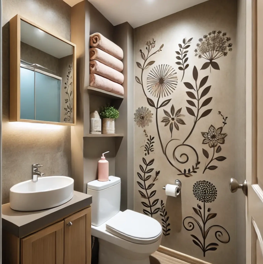 A small bathroom featuring DIY wall decals with decorative designs applied to the walls, adding a personal and stylish touch. Perfect for small bathroom decorating ideas.