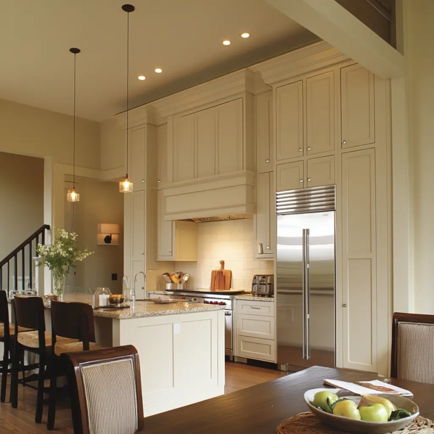 Spacious kitchen with ceiling-height cabinets for optimized storage and a seamless, built-in appearance.