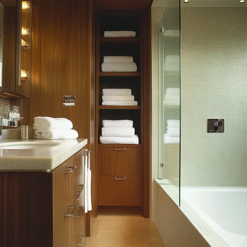 A small master bathroom featuring vertical storage options with floating shelves, designed in grey, white, and black tones for a sleek, space-saving look. Perfect for a small master bathroom remodel.