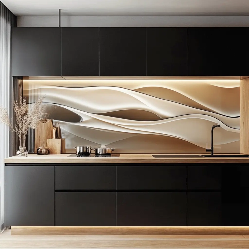 Contemporary kitchen featuring sleek black cabinets and a wavy 3D kitchen backsplash tile, perfect for adding texture and visual interest.