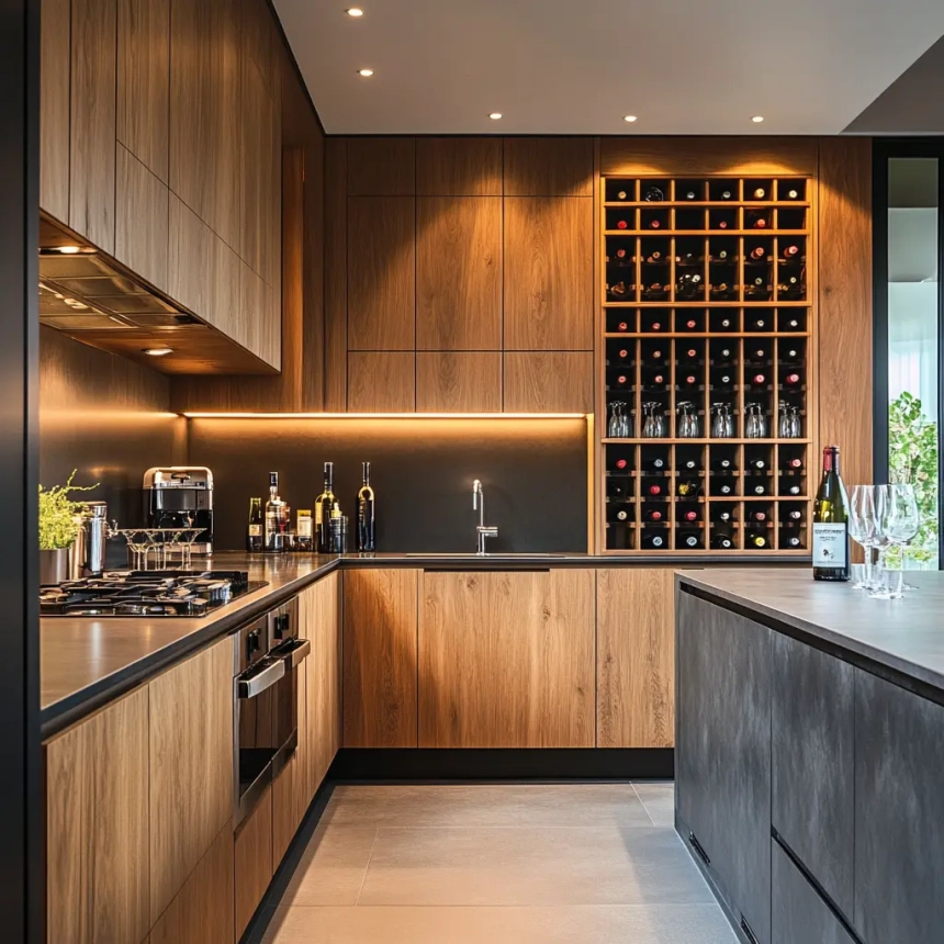 Modern kitchen with built-in wooden wine racks integrated seamlessly into the cabinet design.