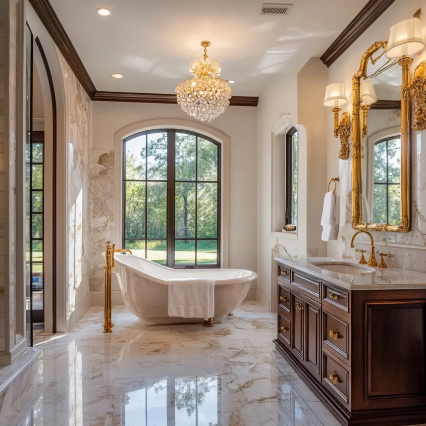 A luxurious bathroom with a freestanding bathtub, crystal chandelier, and elegant marble detailing for a high-end look.