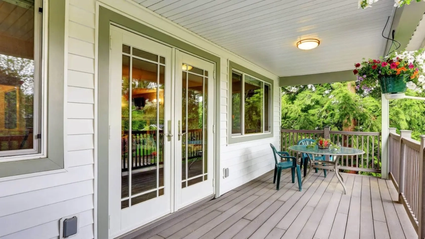 Small front deck idea featuring covered porch with outdoor dining setup and hanging flower baskets.