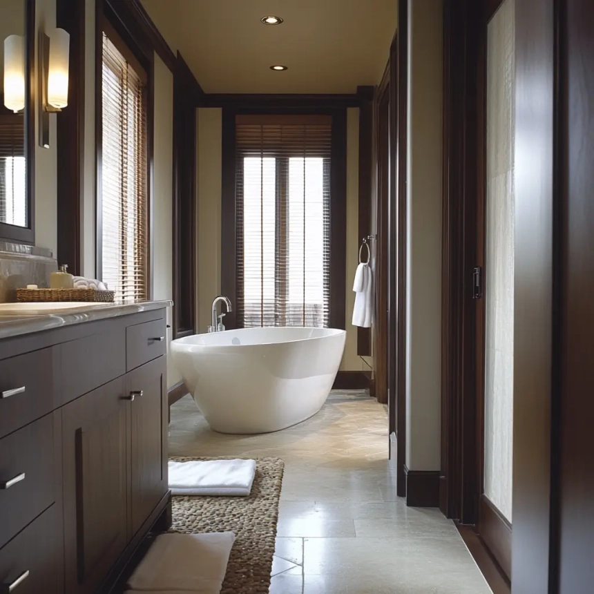 A small master bathroom with an open floor plan design, featuring grey and white tile flooring, modern fixtures, and sleek storage solutions. Perfect for a small master bathroom remodel.