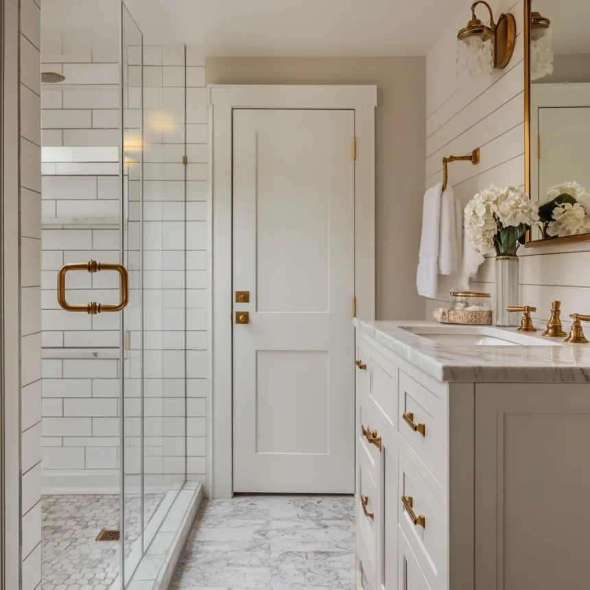 Brass hardware adds elegance to a white vanity in a small master bathroom.