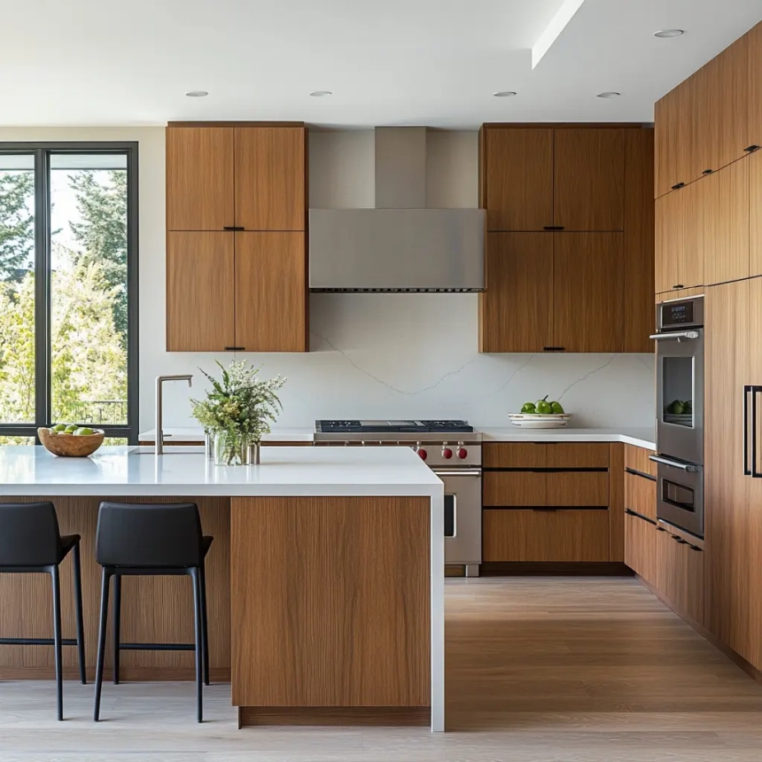 Floating wood base kitchen cabinets creating a minimalist look with ample storage and a clean design style.