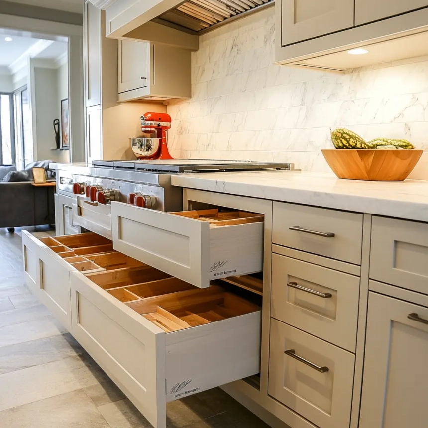 Hidden drawers in a sleek kitchen cabinet, ideal for optimizing small kitchen storage and organization.