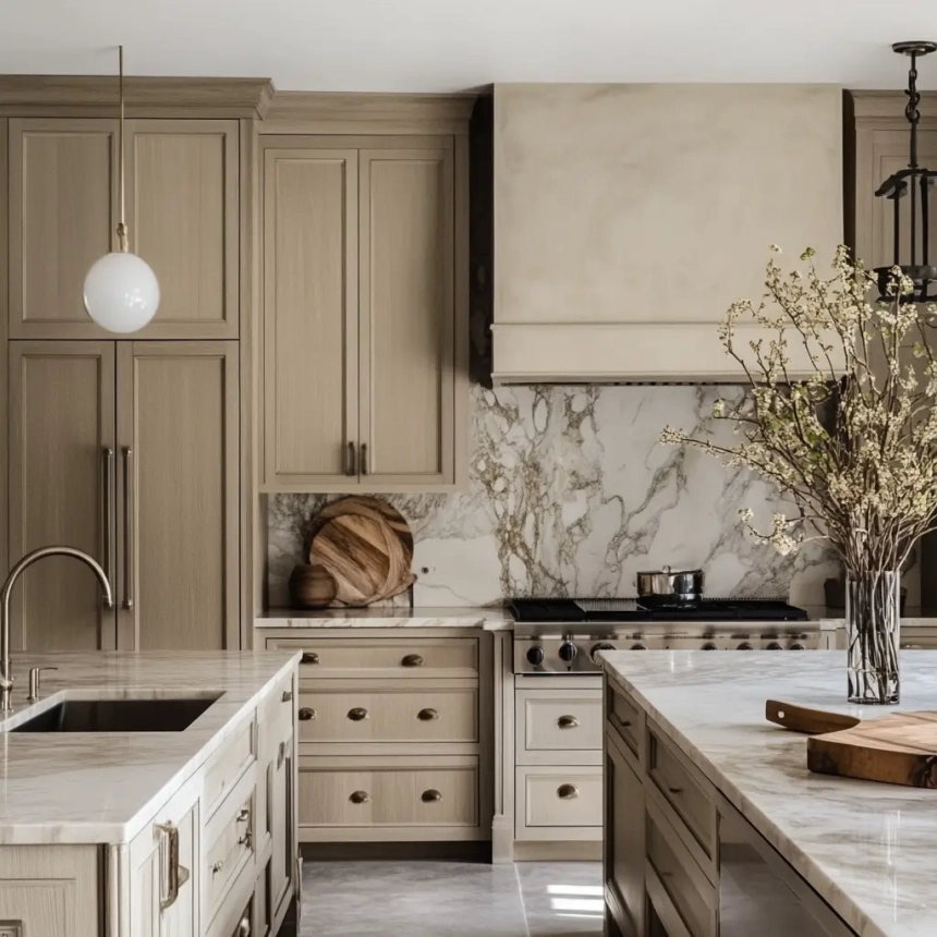 Neutral-colored kitchen cabinets paired with a marble countertop, showcasing a chic and versatile kitchen design.