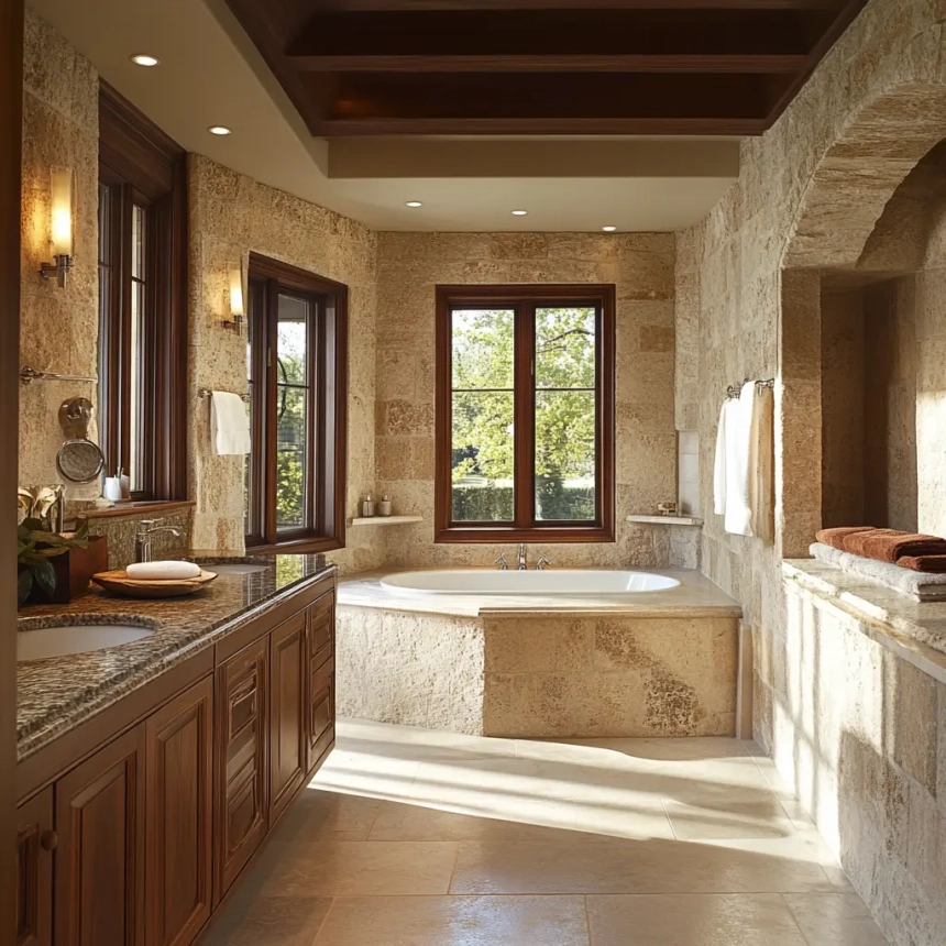 Luxurious bathroom with natural stone accents and large windows, featuring a warm, earthy tone backsplash.