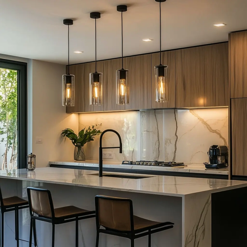 Stylish modern kitchen island lamps blending pendant and linear lighting for a versatile and elegant setup.