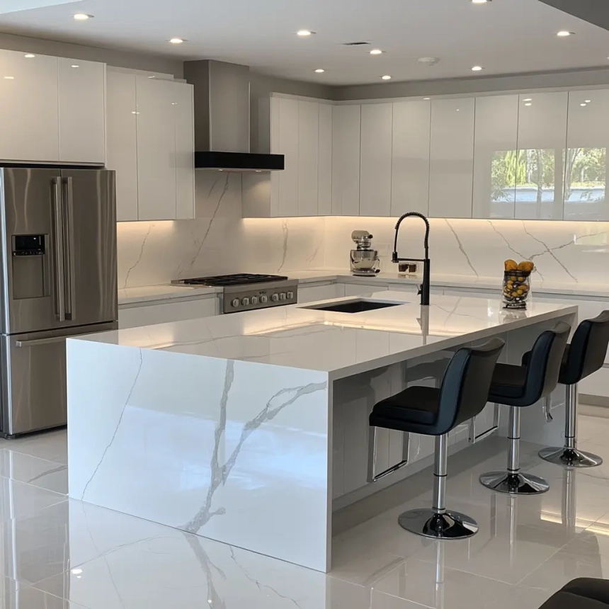 Modern kitchen featuring a seamless full-height quartz backsplash paired with a white quartz countertop, creating a unified and luxurious look. Ideal for backsplash ideas for quartz countertops.