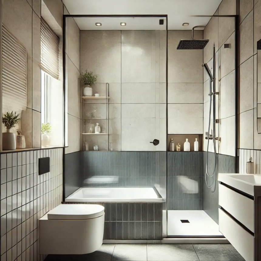 A small bathroom featuring a walk-in shower replacing the traditional bathtub, with modern tiles and glass shower doors. Ideal for small bathroom remodel ideas.