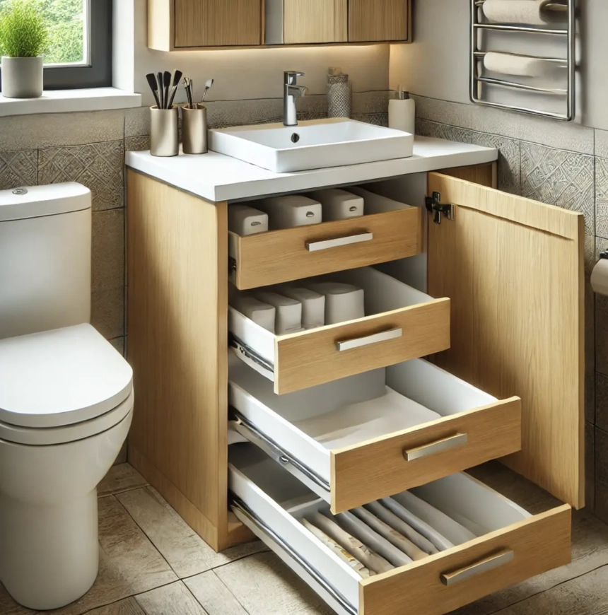 A small bathroom featuring under-sink cabinets with pull-out drawers, providing hidden storage while keeping the space organized. Perfect for small bathroom storage ideas.