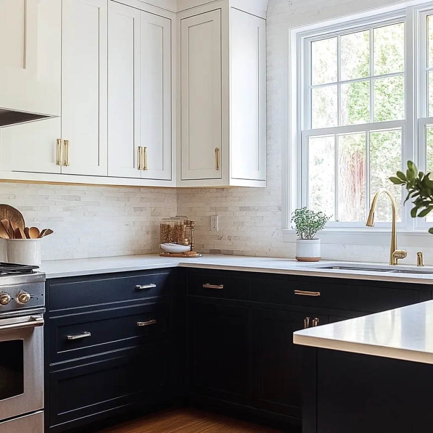 Dual-tone kitchen cabinets combining white upper cabinets and dark lower base cabinets, creating a balanced kitchen feel and modern style.