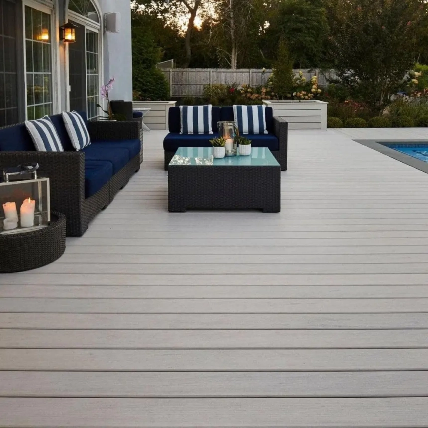 Modern composite decking with horizontal wood-grain boards, white railing, and outdoor dining furniture by local deck builders in Lombard, IL