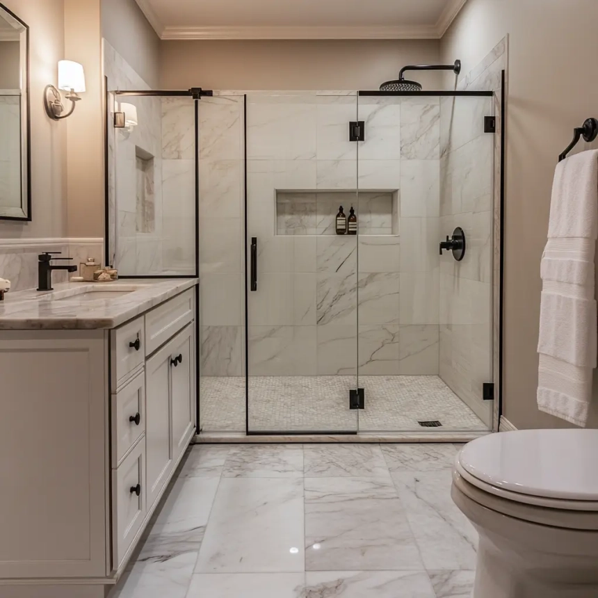 A fully remodeled bathroom showcasing a luxurious walk-in shower, double vanity, and marble flooring for elegance.