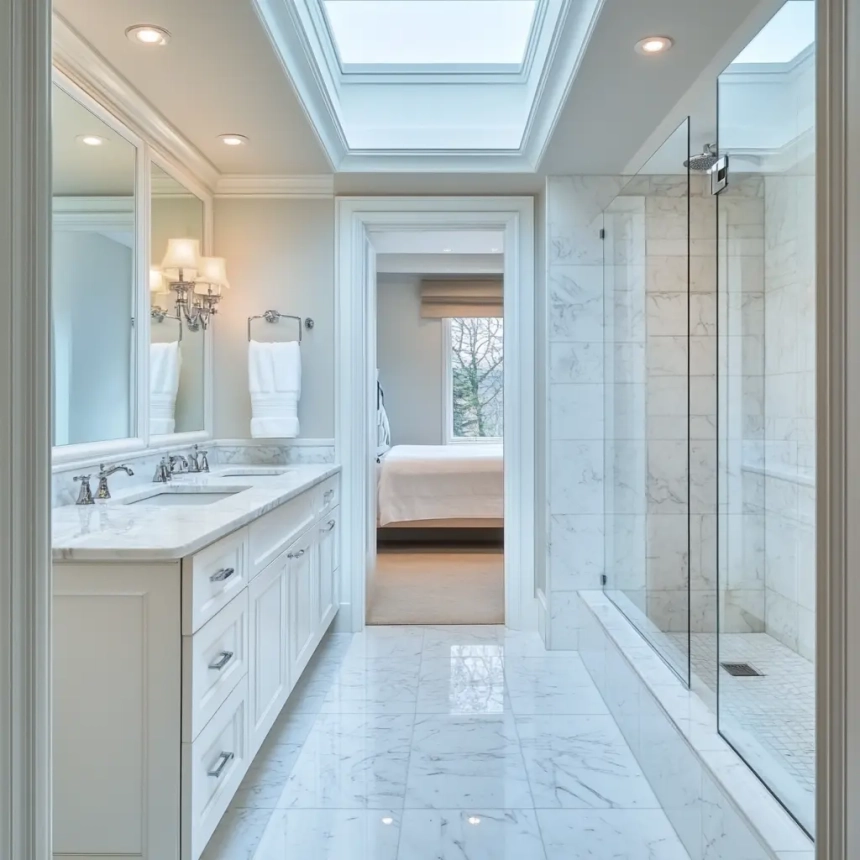 A bright and airy narrow master bathroom with a skylight, allowing natural light to enhance the space’s openness and modern design.