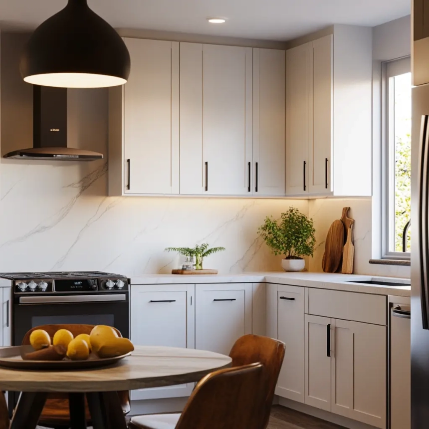 Small kitchen remodeling in Lombard featuring sleek white cabinets, marble backsplash, under-cabinet lighting, and a cozy dining area.