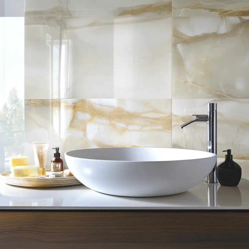 Large format wall tiles in a modern bathroom, reducing grout lines for a clean, minimalistic look.