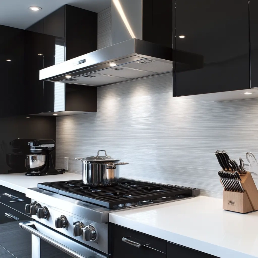 A sleek kitchen with glossy black cabinetry and a white quartz countertop, complemented by a textured light-gray backsplash. The minimalistic space emphasizes clean lines and a modern look.