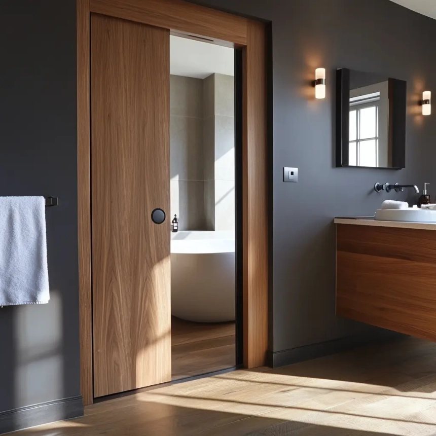 A stylish bathroom showcasing sliding pocket doors, perfect for saving space in a narrow bathroom layout, with a seamless wooden finish.