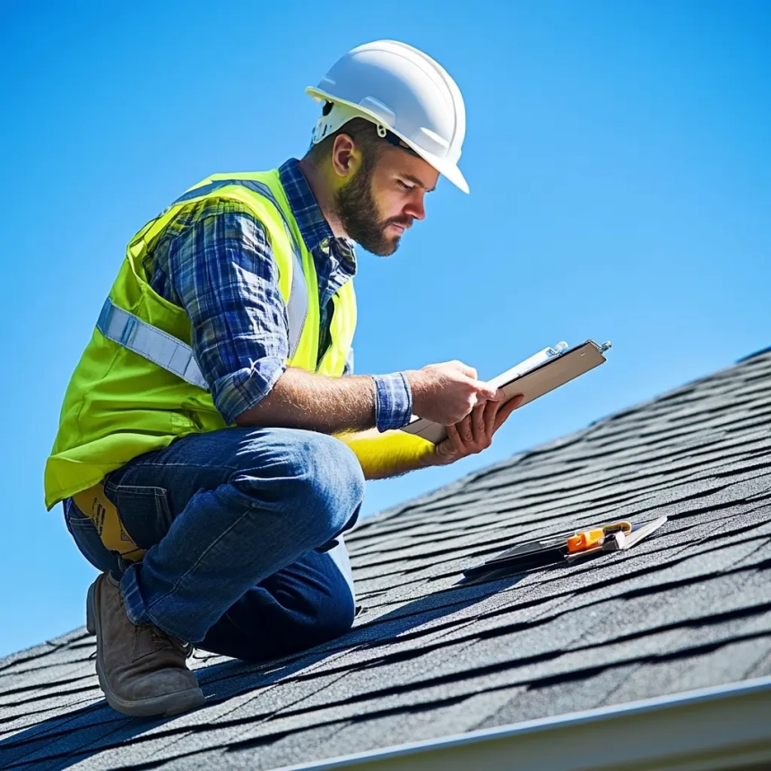 A roofing contractor wearing safety gear and a hard hat, inspecting a roof with a clipboard, evaluating shingle condition and damage.