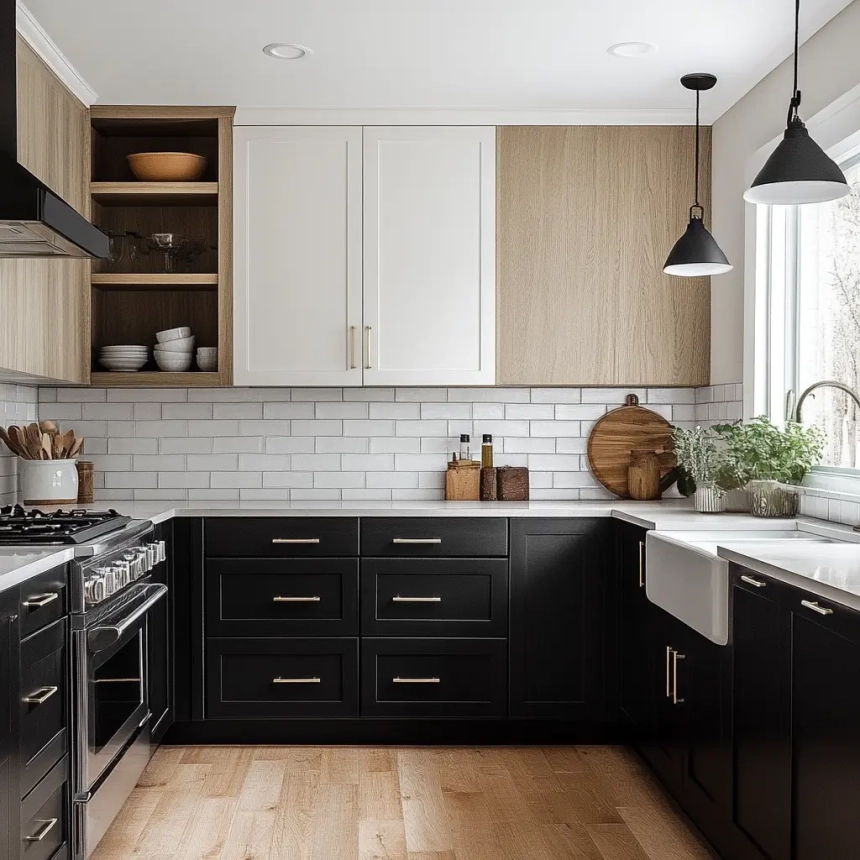 Modern kitchen with two-toned cabinets in white and black, creating a stylish contrast and balanced design.