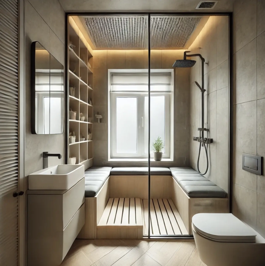 A small bathroom featuring a walk-in shower with built-in seating, designed for comfort and space-saving. The glass shower doors and minimal design create an open, modern feel, perfect for small bathroom ideas.