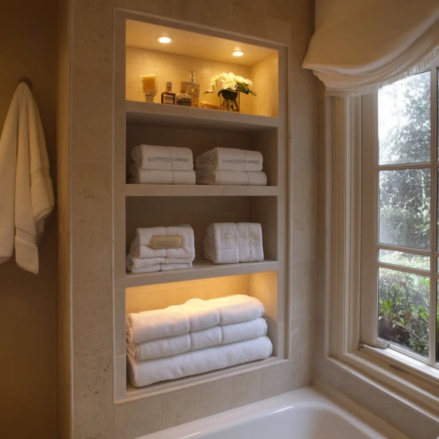 A small master bathroom featuring recessed shelves built into the wall, illuminated with soft lighting, neatly storing towels and decorative items.
