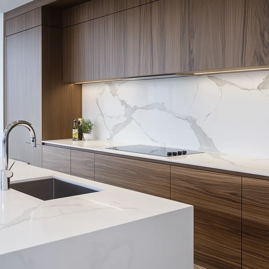 Sophisticated kitchen setup with a white quartz countertop and marble tile backsplash, adding elegance and depth. A luxurious choice for backsplash ideas for quartz countertops.