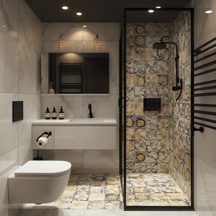 Bold statement tiles bring personality to a small master bathroom.