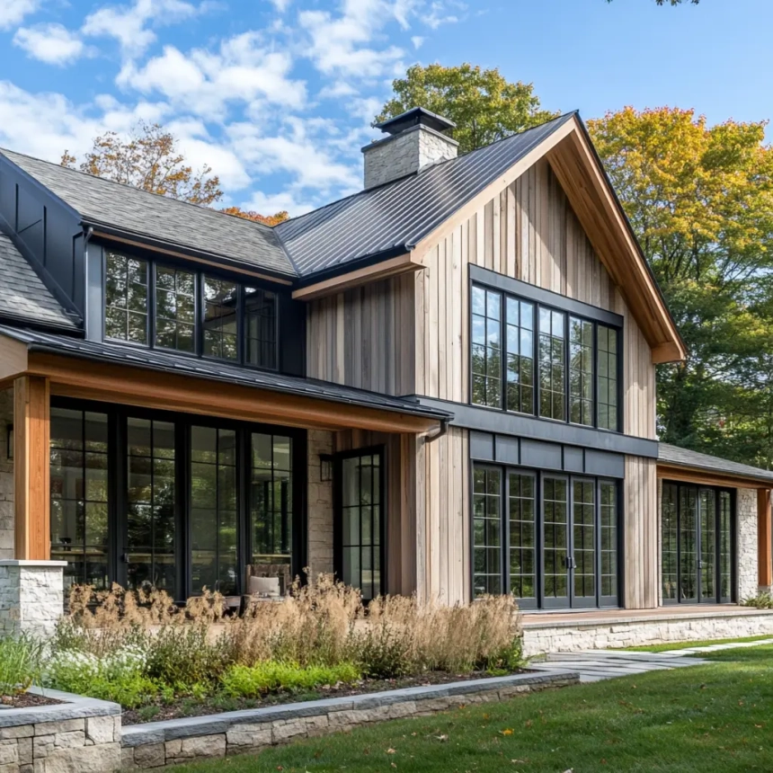 A home with wood siding in a natural, rustic style, combining light wood panels with stone accents, large windows, and a well-kept garden, offering a contemporary, earthy aesthetic.