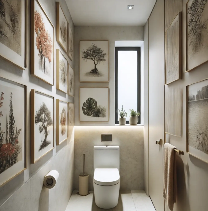 A small bathroom featuring art pieces hanging on narrow walls, adding style and personality while maintaining a minimalist design. Ideal for small bathroom decorating ideas.
