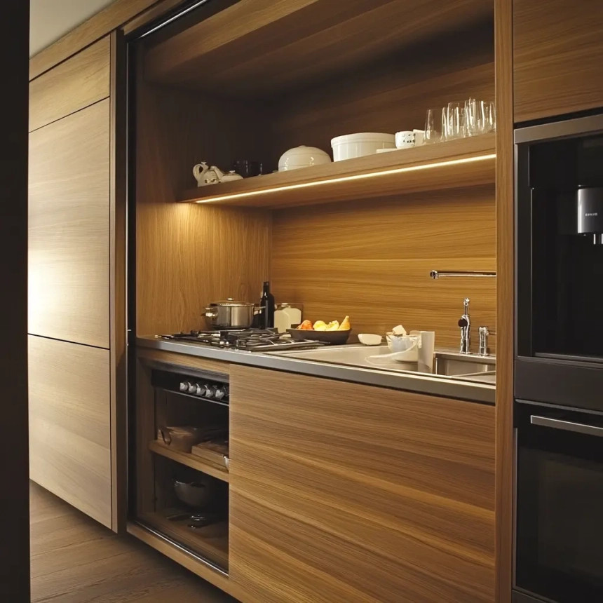 Sliding cabinet doors in a modern wooden kitchen, providing accessibility and sleek functionality.