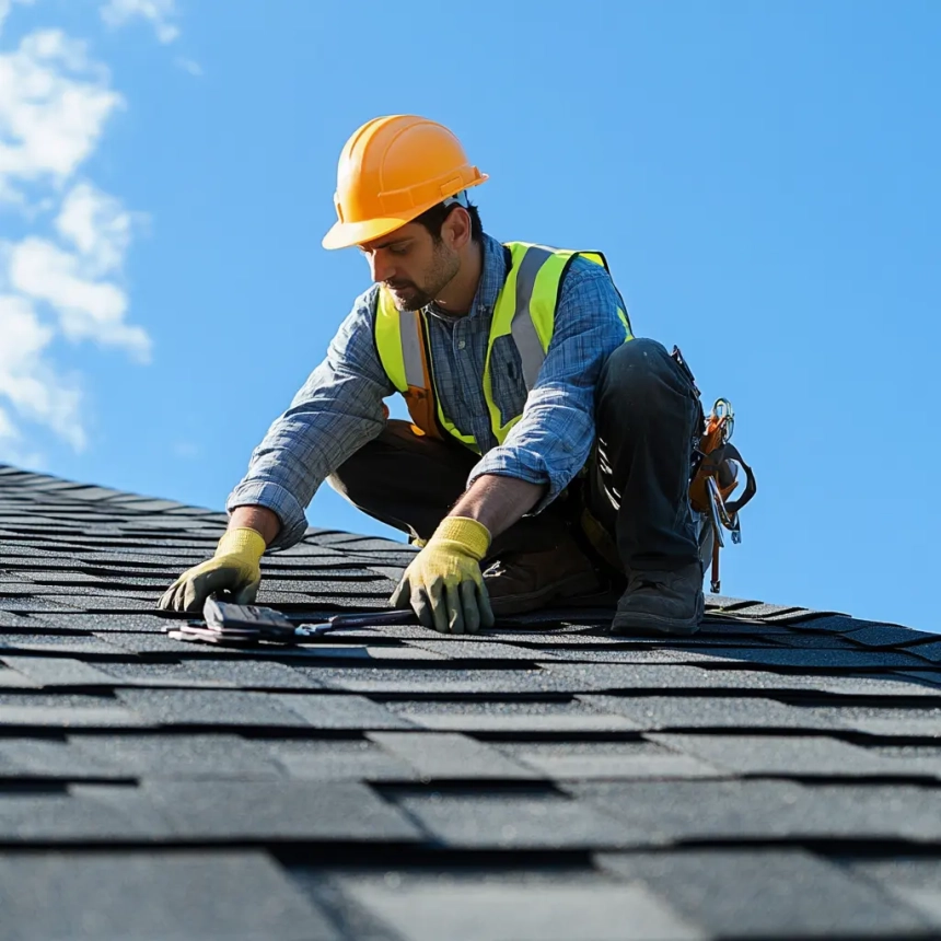 A roofer repairing roof damage efficiently to support a comprehensive roof insurance claim.
