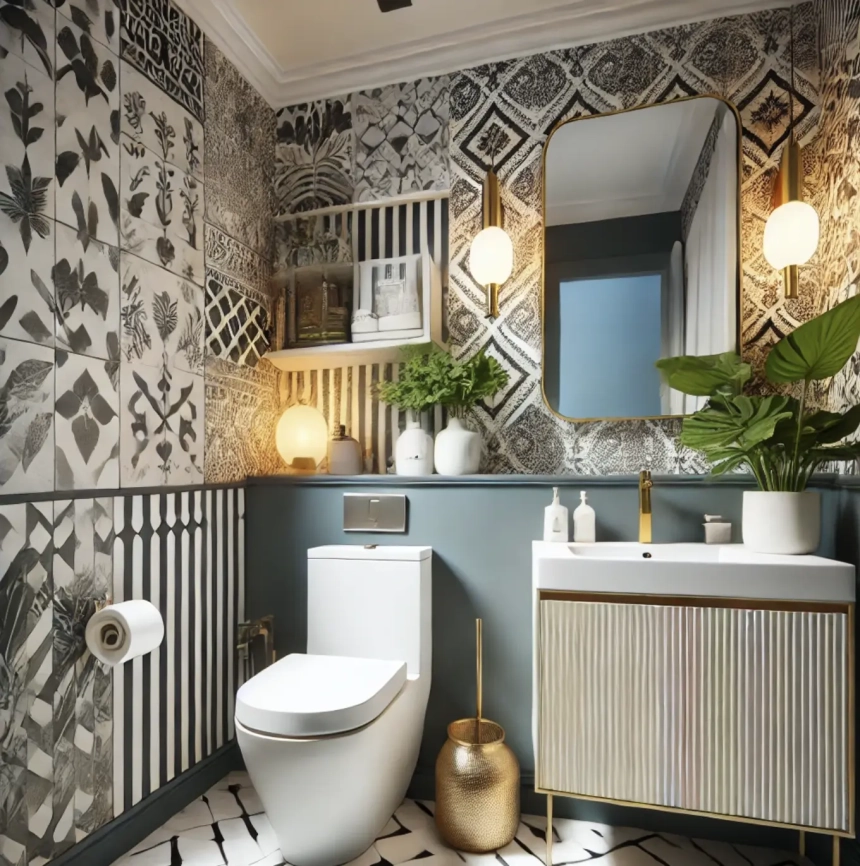 A small bathroom with bold wallpaper on one wall, adding a pop of color and style while maintaining a modern, functional design. Perfect for small bathroom decorating ideas.