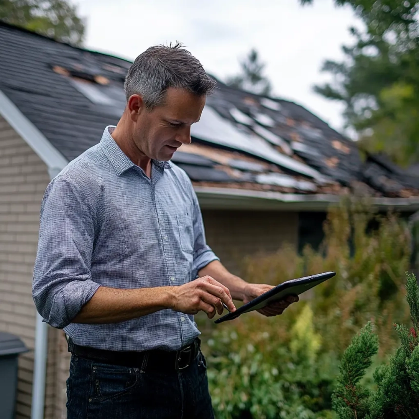 An insurance adjuster using a tablet to document roof damage on a house with missing shingles, assessing claims for roof repair.