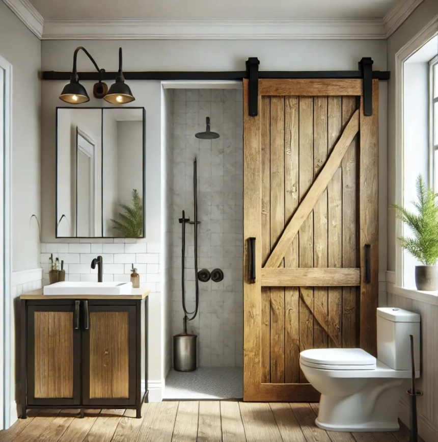 A small bathroom with modern fixtures and sliding barn doors, adding a contemporary touch while saving space. Perfect for small bathroom remodel ideas.
