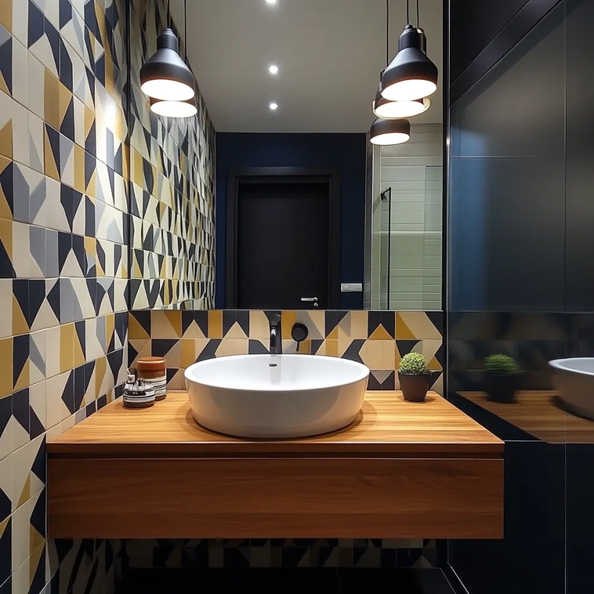 Bathroom showcasing geometric pattern tiles, adding a bold design statement to the sink area.