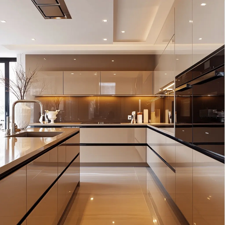 High gloss kitchen cabinets in a sleek, contemporary kitchen with integrated lighting