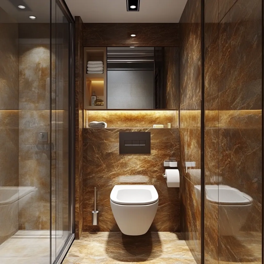 A compact small master bathroom featuring a modern wall-mounted toilet with sleek storage above, saving space and providing a clean design.