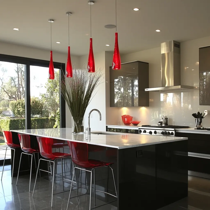 Vibrant red pendant lights showcasing modern kitchen island lighting ideas with a pop of color and bold design.