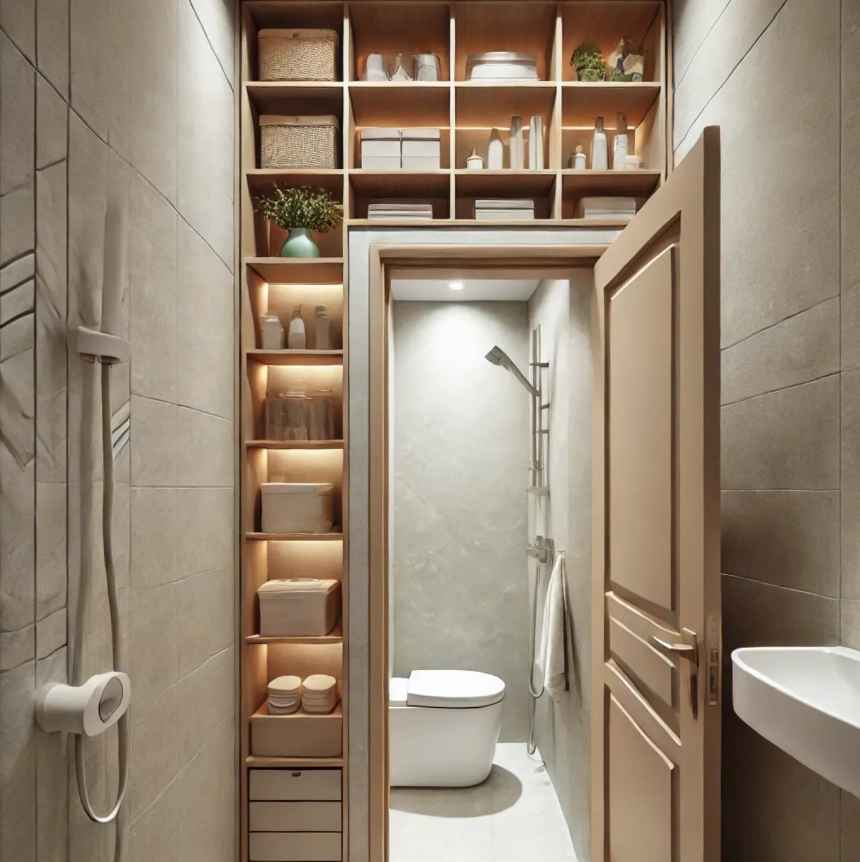 A narrow bathroom featuring shelves installed above the door, utilizing vertical space for extra storage. Perfect for narrow bathroom ideas and small bathroom designs.