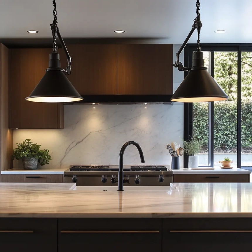 Modern kitchen island lighting featuring industrial-style pendant lights, adding a sleek and functional touch to the kitchen
