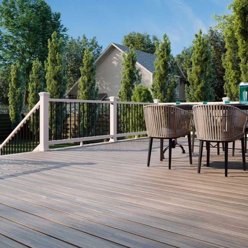 Contemporary composite poolside deck with dining area and elevated lounging space, installed by expert deck builder Lombard, IL