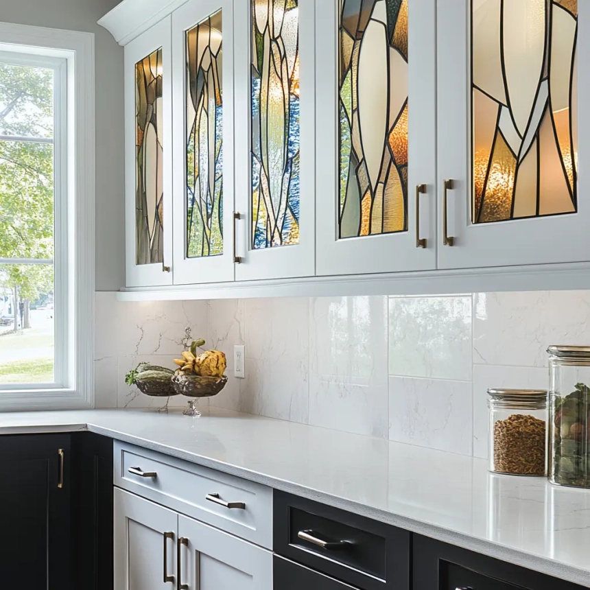 Decorative glass panels on white kitchen cabinets, adding a touch of elegance and customization to kitchen cabinetry.